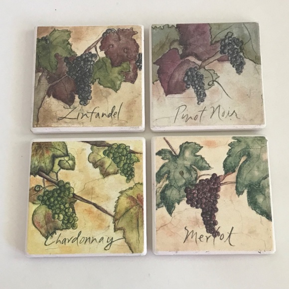 Coasters Set of 4 Stone Wine Themed Merlot Zinfandel Chardonnay Pinot 4” - Picture 9 of 9